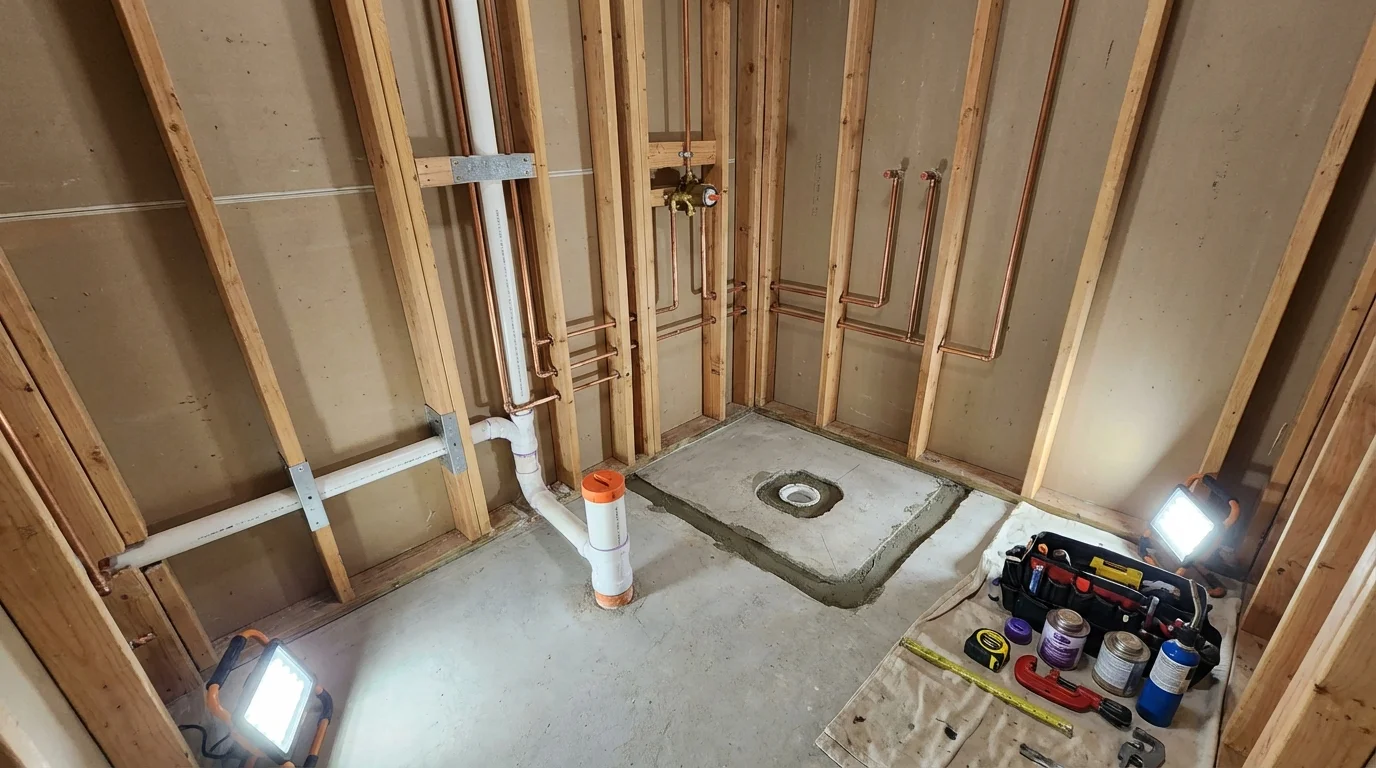 Bathroom rough-in plumbing during remodel by Johns Plumbing LLC in Girard