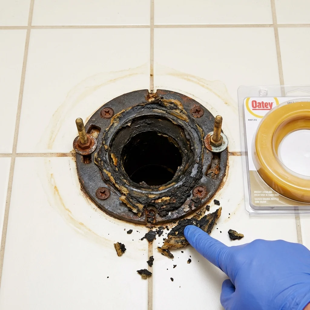 Failed wax ring showing water seepage at the base of a toilet in a Girard, KS home