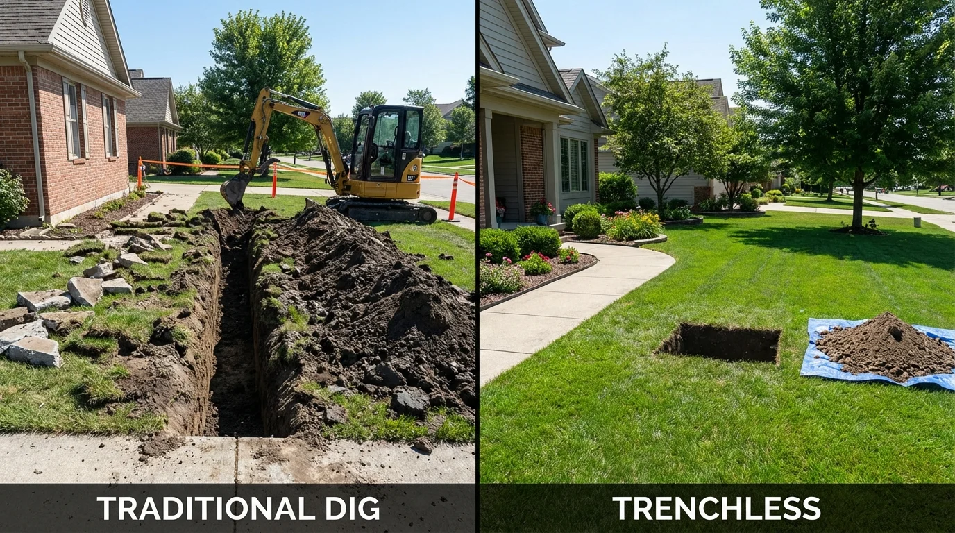 Trenchless sewer repair with minimal yard damage versus traditional excavation in Girard, KS